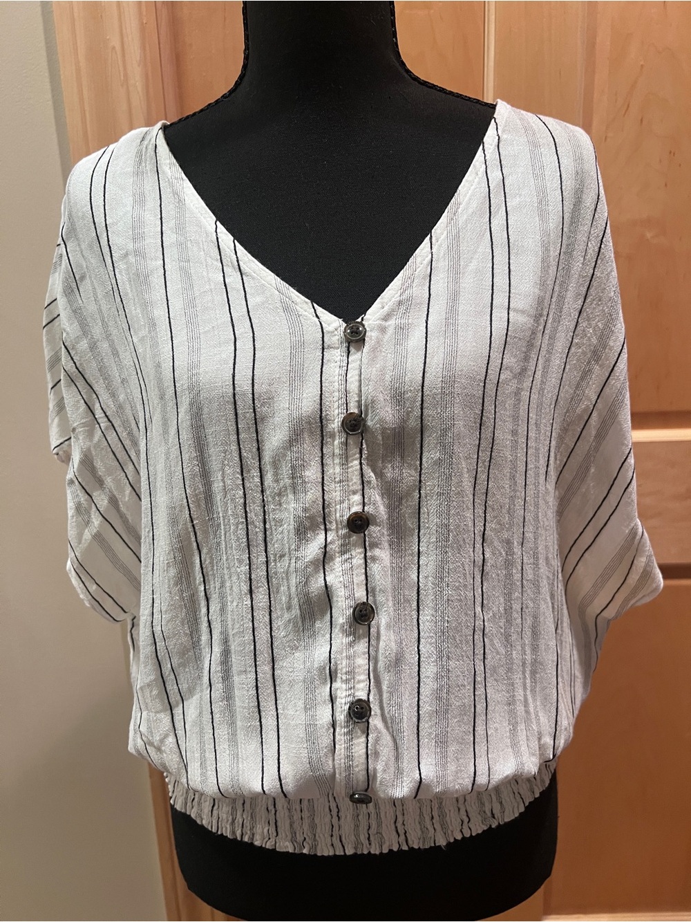 Maurices Vertical Stripe V-Neck Mocked Waist Blouse Creamy/Black Casual Chic Lg